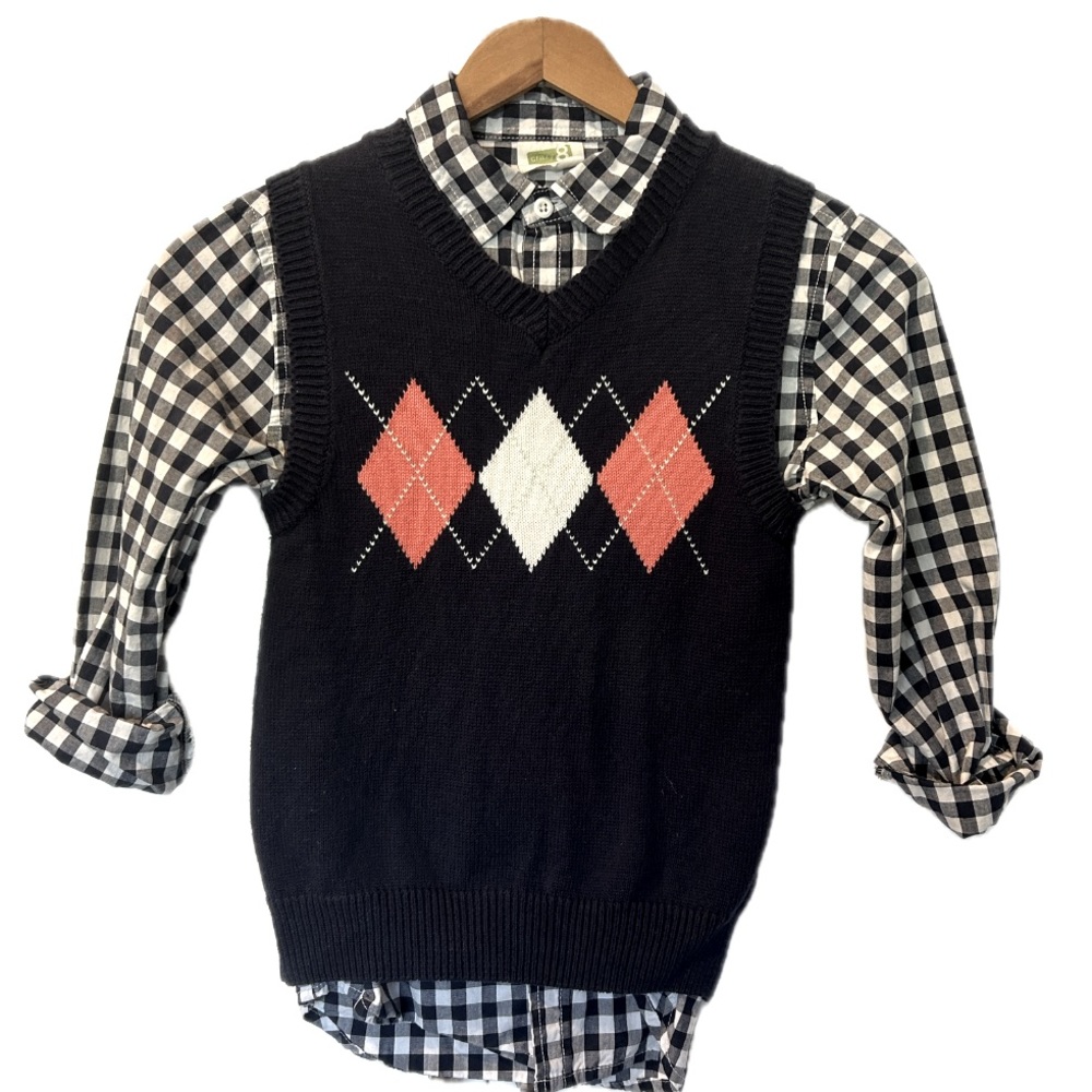 *Boy Bundle* Gingham Dress Shirt with Navy/Salmon/White Argyle Sweater Vest